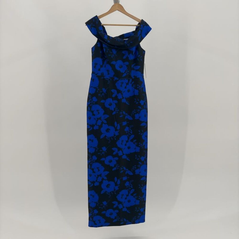 Teri Jon by Rickie Freeman Black and Blue Floral Printed Maxi Dress